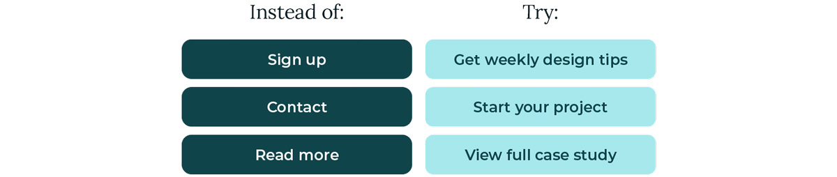 Series of CTA buttons showing before and after with improved written content, presented in KJC branding