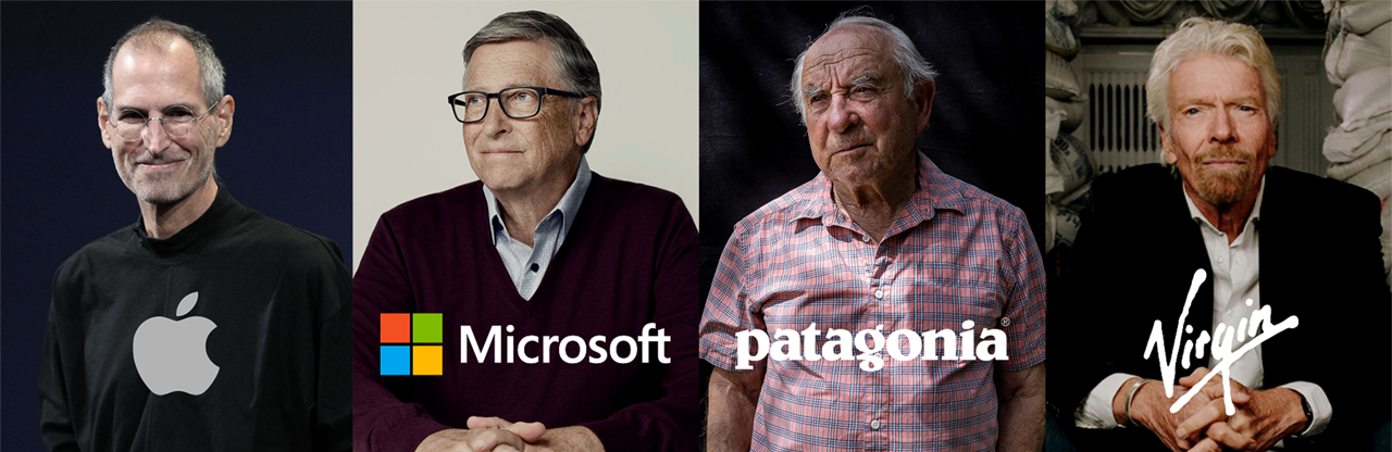 Portrait photographs of Steve Jobs, Bill Gates, Yvon Chouinard and Richard Branson with the logos of their respective companies, Apple, Microsoft, Patagonia and Virgin.