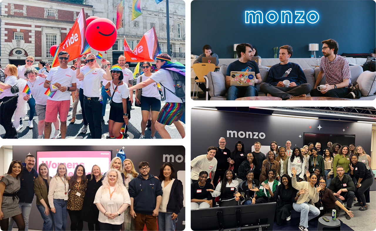 A collection of four images of Monzo employees, showing the positive staff culture they’ve fostered.